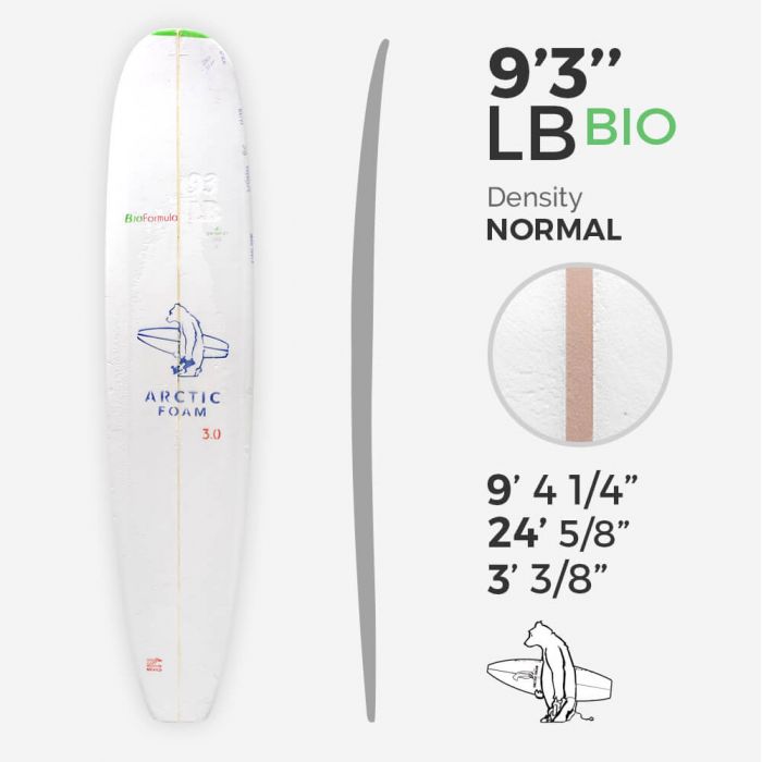 9'3'' L Longboard, BIO FOAM Green density - costilla 5/16'' Basswood, ARCTIC FOAM