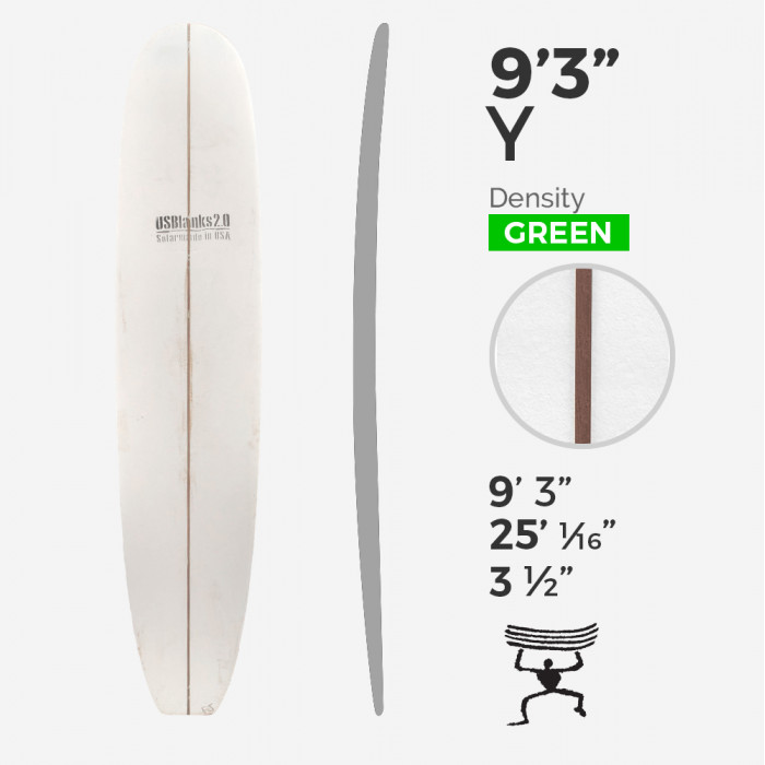 9'3'' Y Longboard - Green Density - 3/8'' Dark wood stringer, US BLANKS