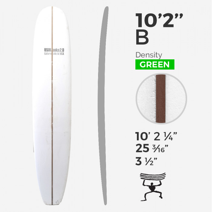 10'2'' B Longboard - Green Density - costilla 3/4'' Dark wood, US BLANKS