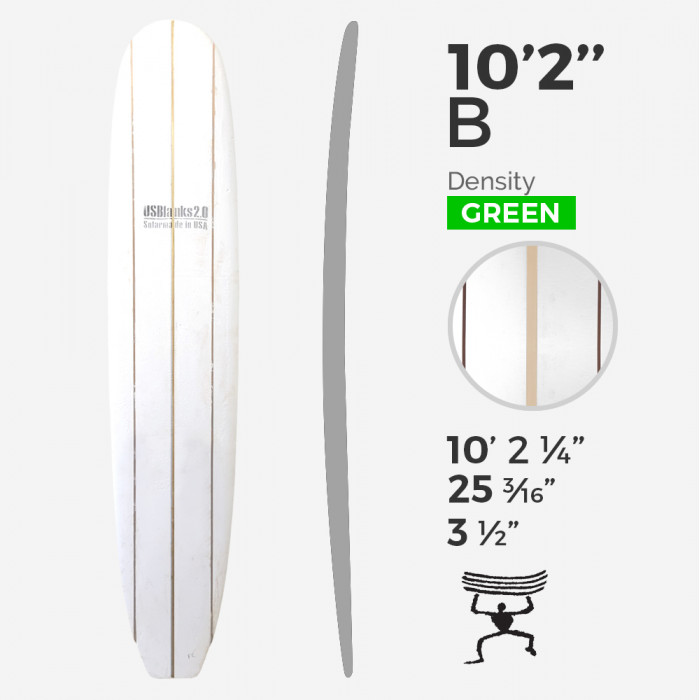 10'2'' B Longboard - Green Density - 3 costillas de bass y dark woods, US BLANKS