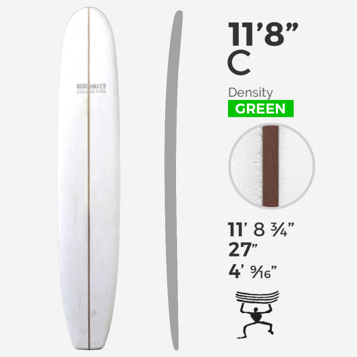 11'8'' C Longboard - Green Density - costilla 3/4'' Dark wood, US BLANKS