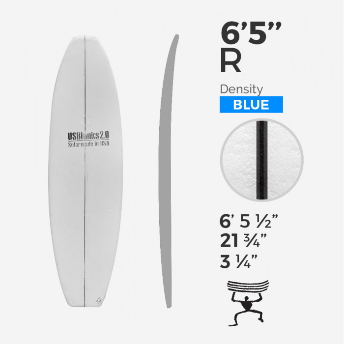 6'5'' R Shortboard - Blue Density - 1/8'' - 3 Ply Black/Black/Black stringer, US BLANKS