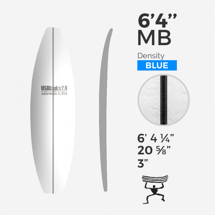 6'4'' MB Shortboard - Blue Density - 1/8'' - 3 Ply Black/Black/Black stringer, US BLANKS