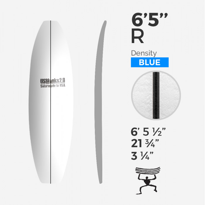 6'5'' R Shortboard - Blue Density - 1/8'' - 3 Ply Black/Black/Black stringer, US BLANKS