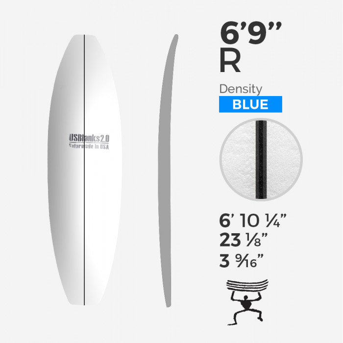 6'9'' R Shortboard - Blue Density - 1/8'' - 3 Ply Black/Black/Black stringer, US BLANKS