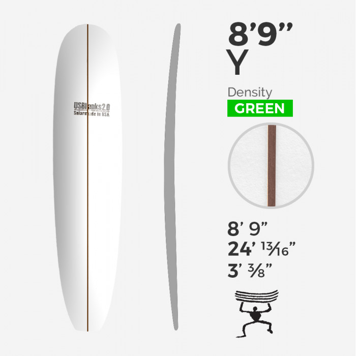 8'9'' Y Longboard - Green Density - 3/8'' Dark wood stringer, US BLANKS