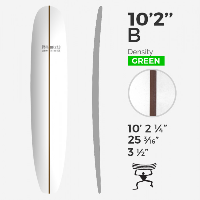 10'2'' B Longboard - Green Density - costilla 3/4'' Dark wood, US BLANKS