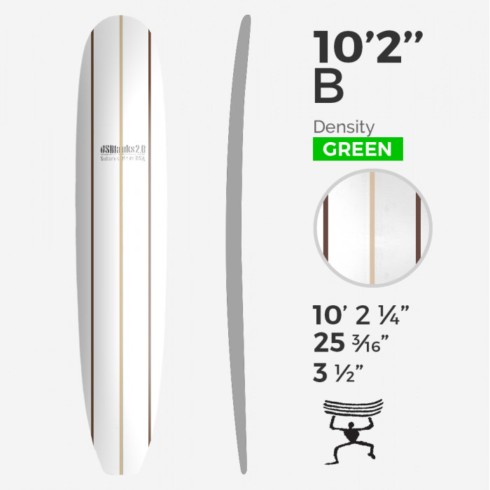 10'2'' B Longboard - Green Density - 3 costillas de bass y dark woods, US BLANKS