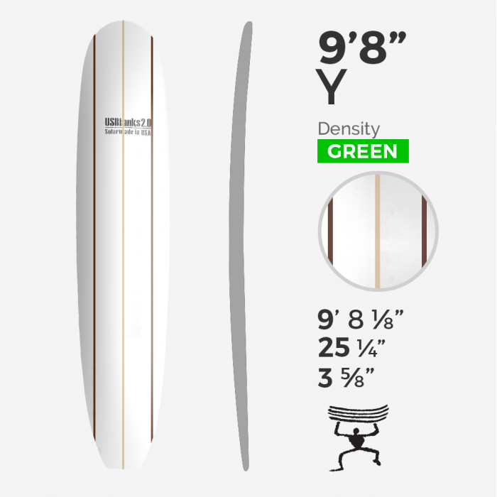 9'8'' Y Longboard - Green Density - 3 costillas de bass y dark woods, US BLANKS